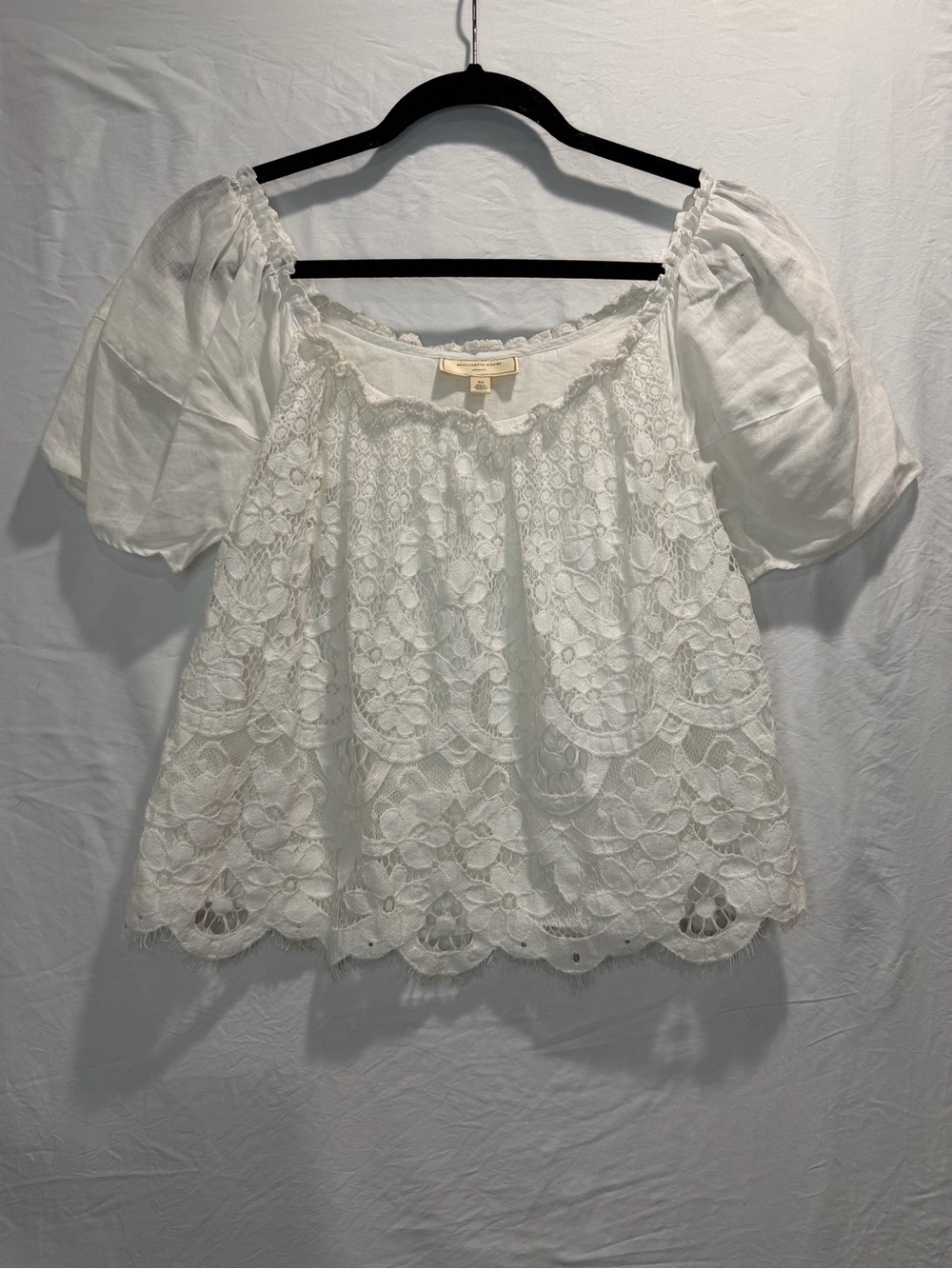 Anthropologie White Lace Puff-Sleeve Peasant Top